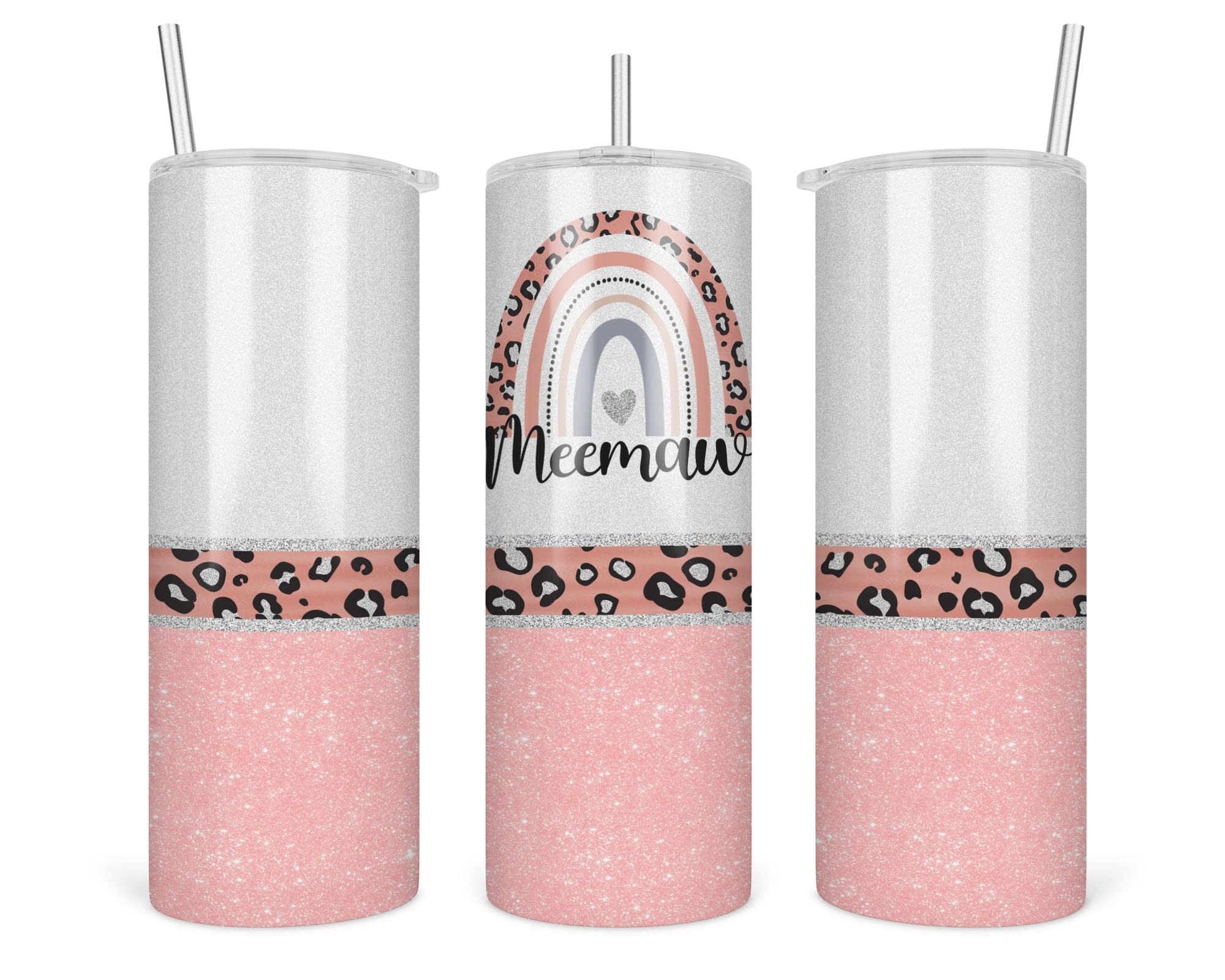 Leopard Meemaw Rainbow Tumbler - Mothers Day Gift - Travel Cup With Straw and Lid - 20 Oz Insulated Stainless Steel