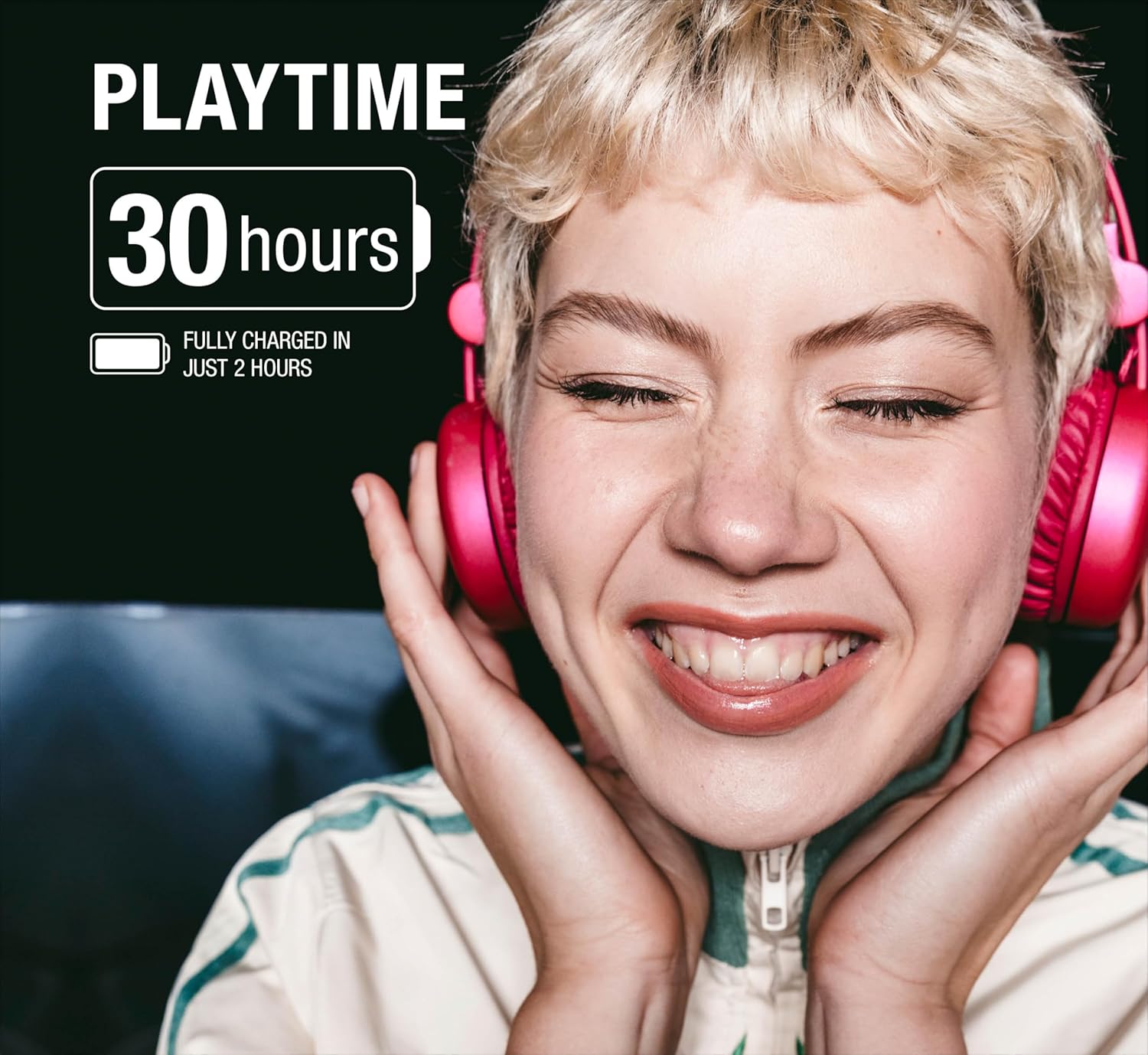 Image illustrating 30 hours playtime and 2 hours charging time for Fresh 'n Rebel Code Core headphones