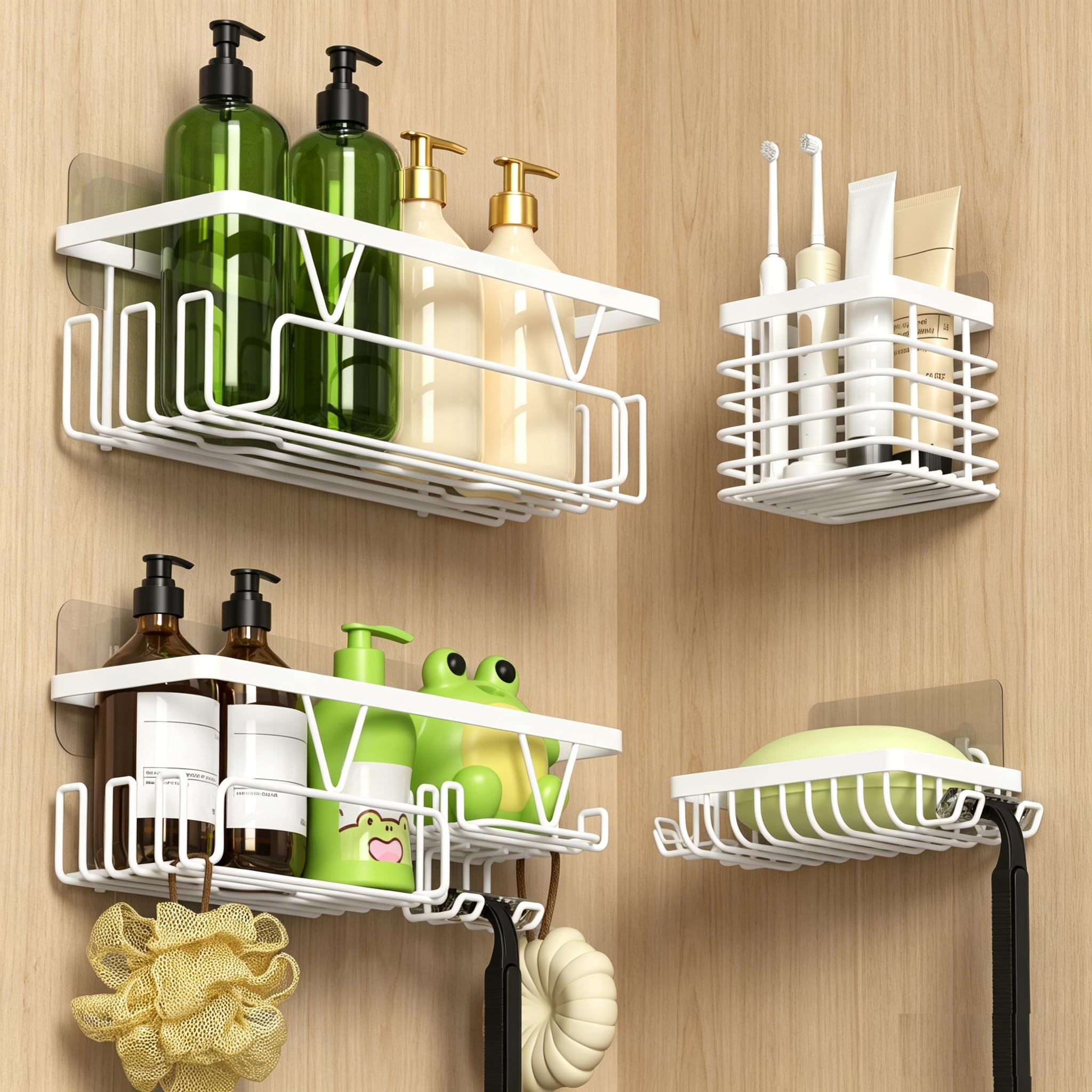 KEGII Adhesive Shower Caddy Set with 2 Shower Shelves + Toothbrush + Soap Holder, 4-Piece Bathroom Organiser, White, Stainless Steel, No Drilling — image 1