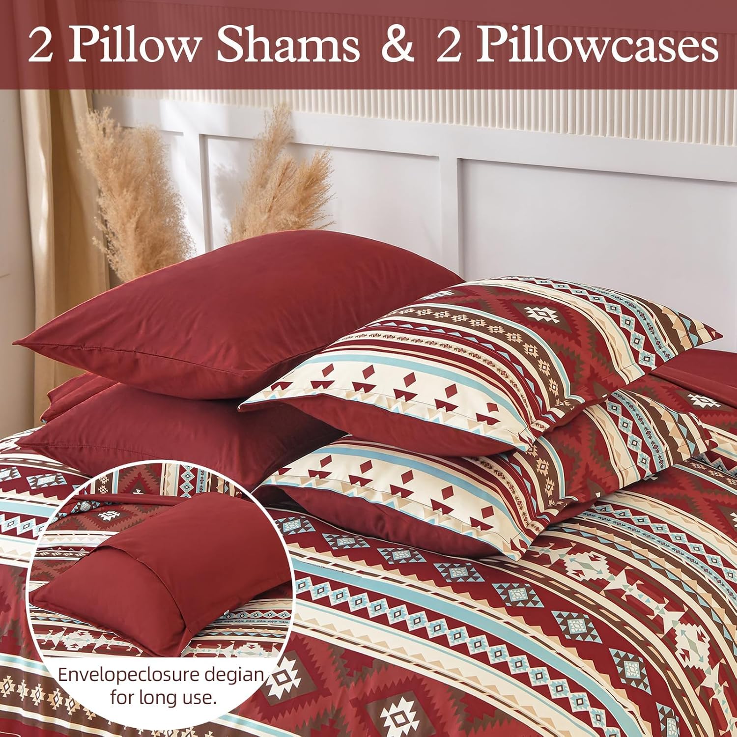 Dinjoy Red Boho Comforter Set Queen,7 Piece Bed in a Bag Queen Size Soft Aztec Bedding Sets with Sheets Bohemian Striped Bed Set Western Burgundy for Fall Winter 90"x90" - Image 6