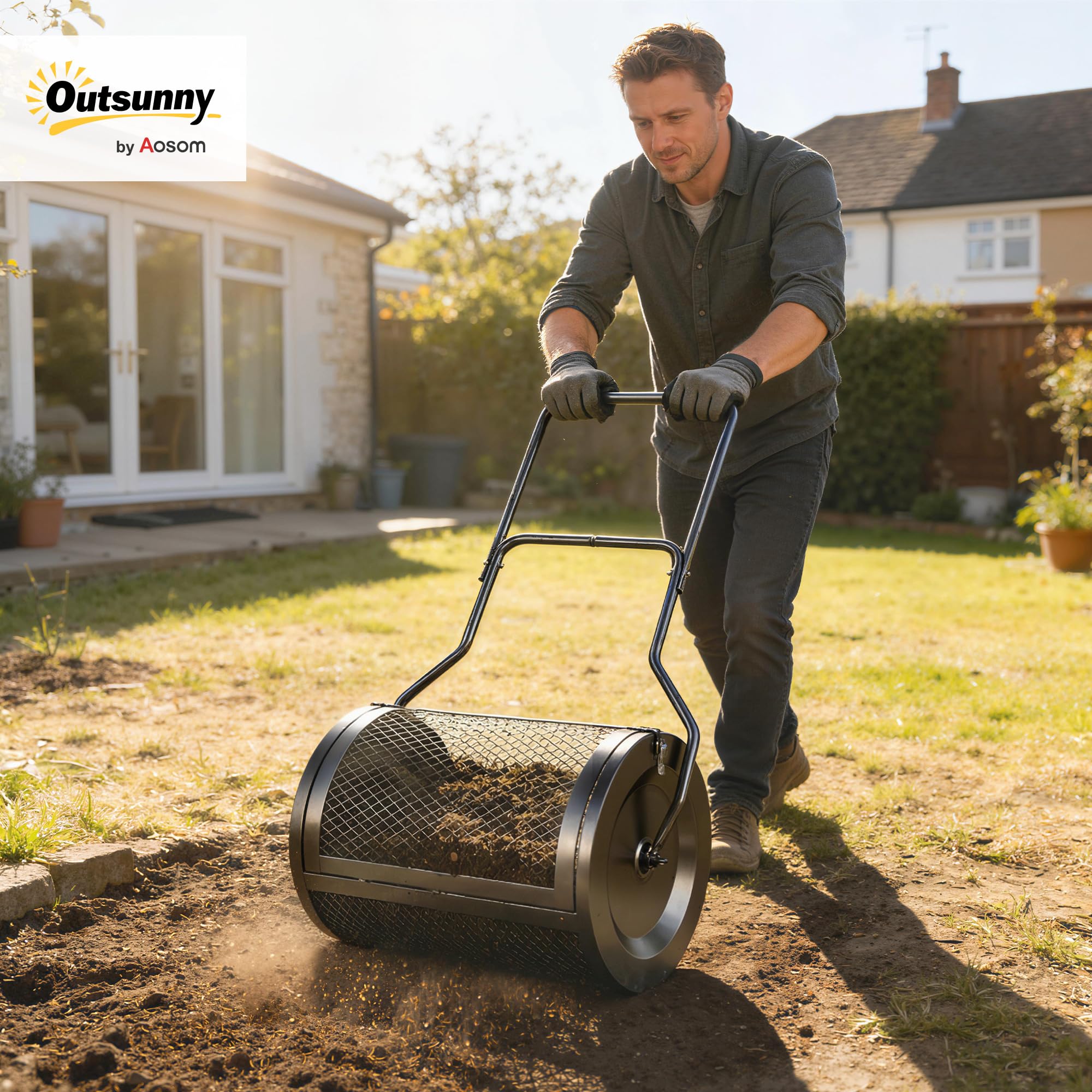 Outsunny Esparcidor de compost y turba 20" cesta malla metálica Negro | Mango en U desmontable de 34/80 cm, para siembra y esparcimiento de estiércol