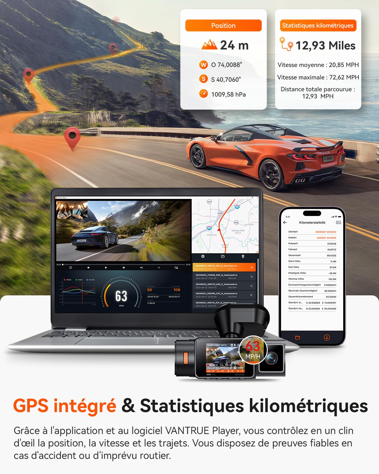 VANTRUE N2X 2.7K+1080P Dashcam Voiture Avant Intérieur, STARVIS 2 Double HDR Camera Embarquée Infrarouge, Support LTE, 5GHz WiFi GPS, APP & Commande Vocale Français, 24/7 Mode Parking, Max 512Go