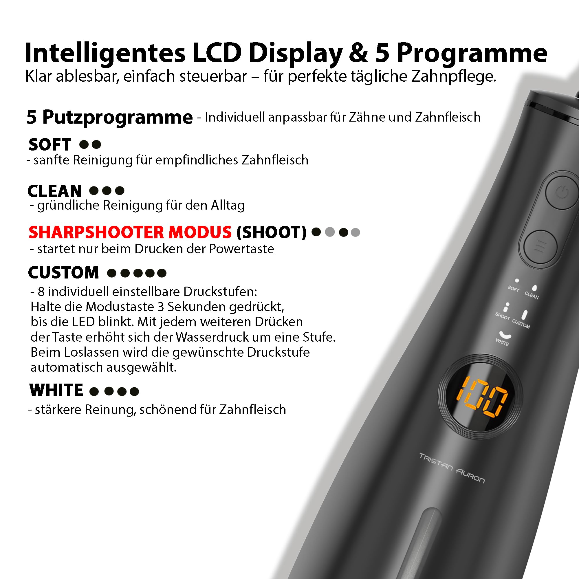 Tristan Auron Munddusche – 2 Ersatzdüsen und Reisetasche, 5 Modi, 8 Druckstufen inkl. Shoot Modus, 300ml Tank, LCD Display, USB-C Schnellladung, IPX7 - ProJet Water Flosser