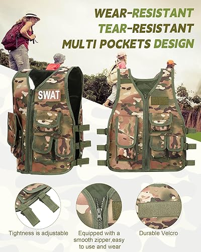 Miniatura 4 de SATINIOR Chaleco táctico para niños, chaleco de combate del ejército al aire libre con medio dedo, guantes cortos transpirables