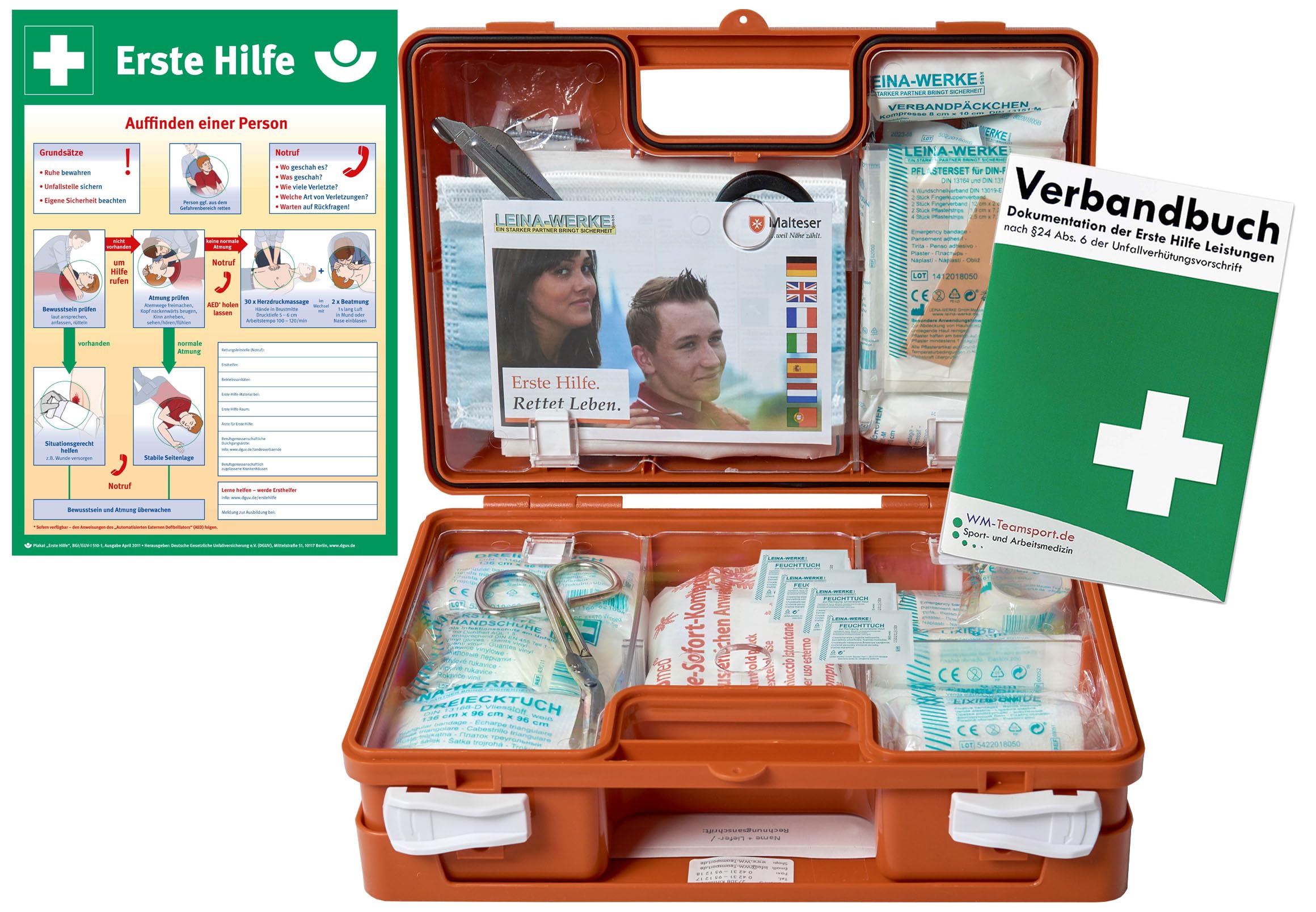 Erste-Hilfe-Koffer BG -Paket 2- mit "Aushang 1-Hilfe" & Verbandbuch für Betriebe mit aktueller DIN 13157 inkl. DIN 13164 für KFZ - incl. Hygiene-Ausstattung
