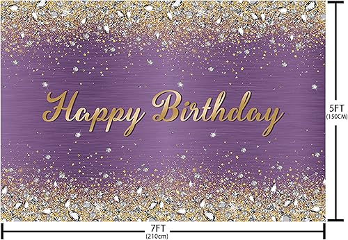 Miniatura 4 de MEHOFOND Decoraciones de fiesta de cumpleaños moradas de 7 x 5 pies, telón de fondo brillante con purpurina dorada y diamantes, decoración de feliz