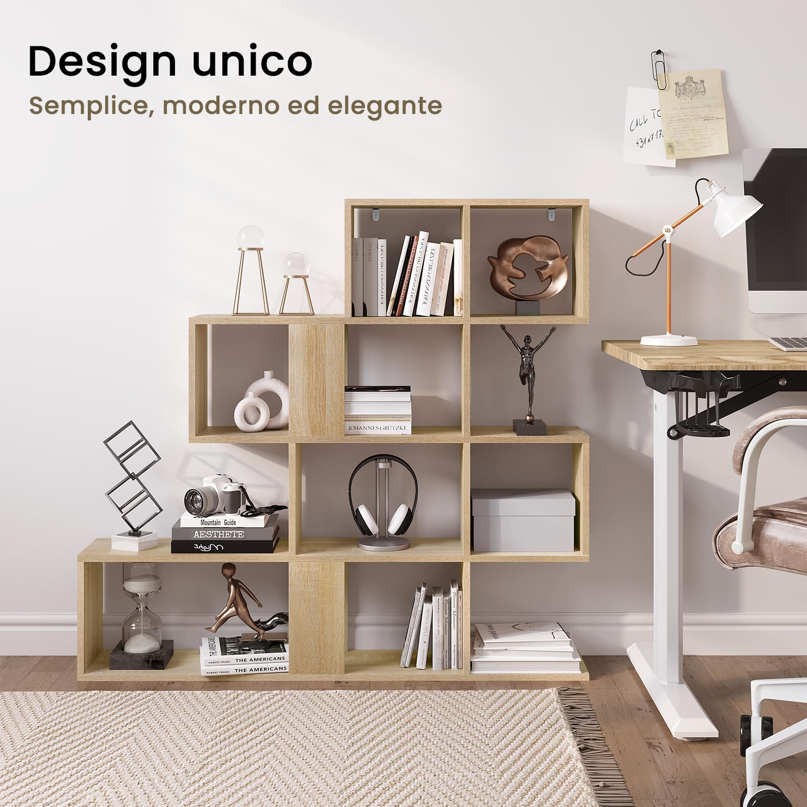 eSituro Libreria a 4 Livelli, Scaffale Divisorio con 11 Scomparti Aperti, Scaffale in Piedi, Scaffale a Gradini, per Soggiorno, Camera da Letto, Ufficio, 115x109,5x19,5 Cm, Rovere Chiaro