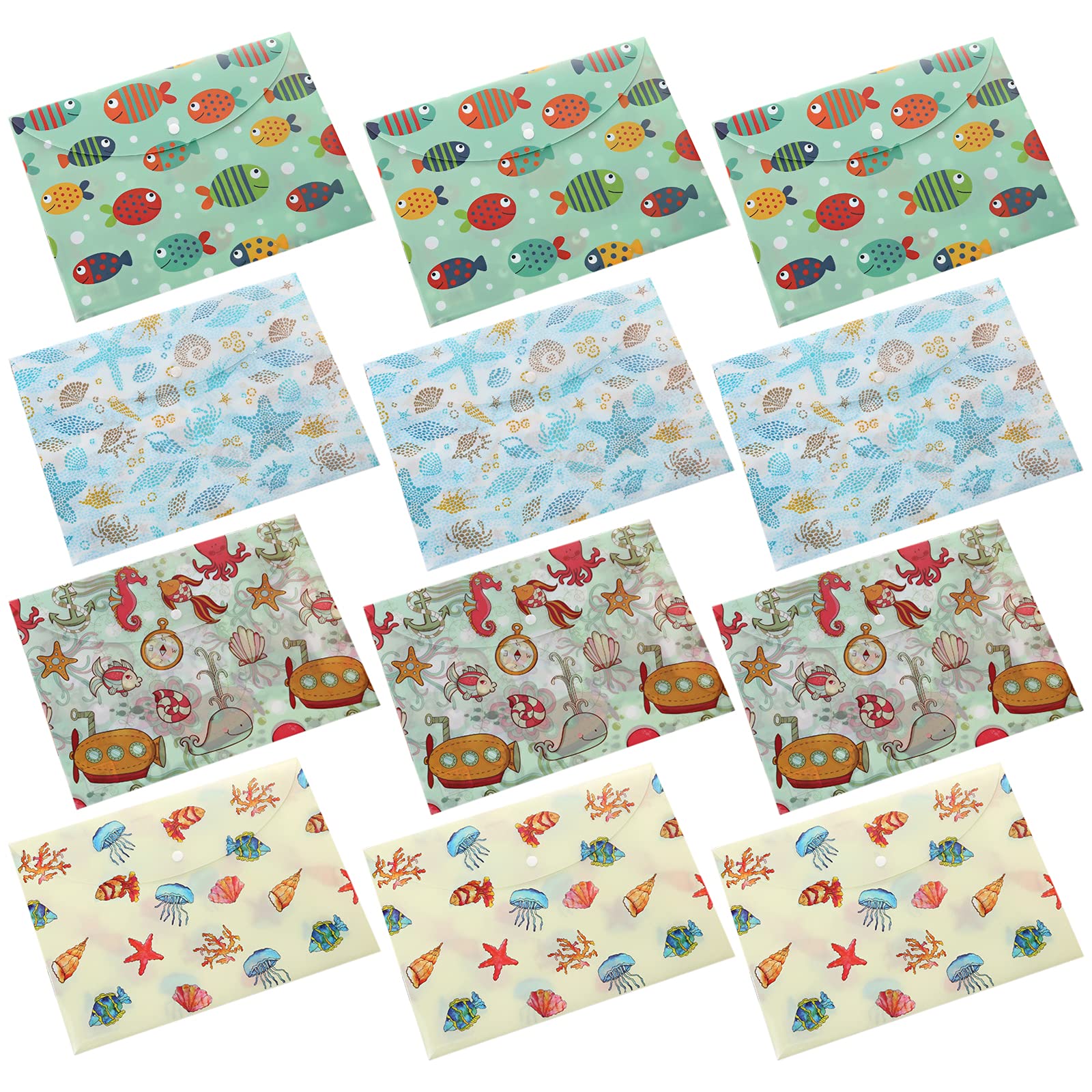 Bncxdc A4 Files Folders, Cute Cartoon Document Bags, 12PCS Thickness Document Folders with Snap Button, Sea Animal Pattern PVC Envelope Folders for School Home Work Office Organization