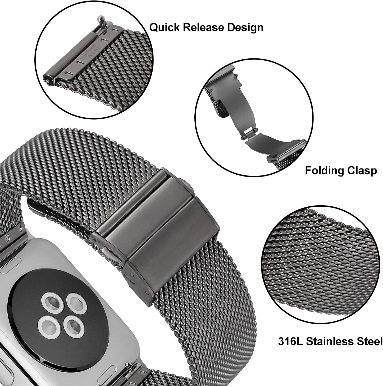 ANNEFIT Mesh Metal Watch Band, 316L Stainless Steel Watch Strap, Quick Release Replacement Bracelet 14mm 16mm 18mm 20mm 22mm