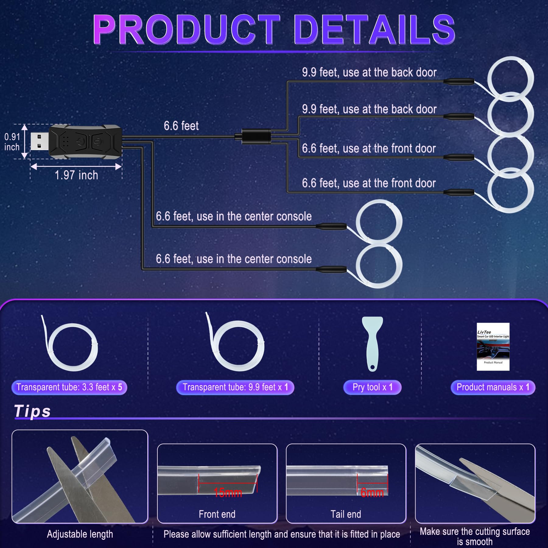 LivTee Smart LED Car Lights Interior with USB Port, LED Strip Fiber Optic Ambient Lighting Car, Wireless App Control, Sync to Music, Car Decorations Interior Accessories Gifts for Women Men, 6 in 1