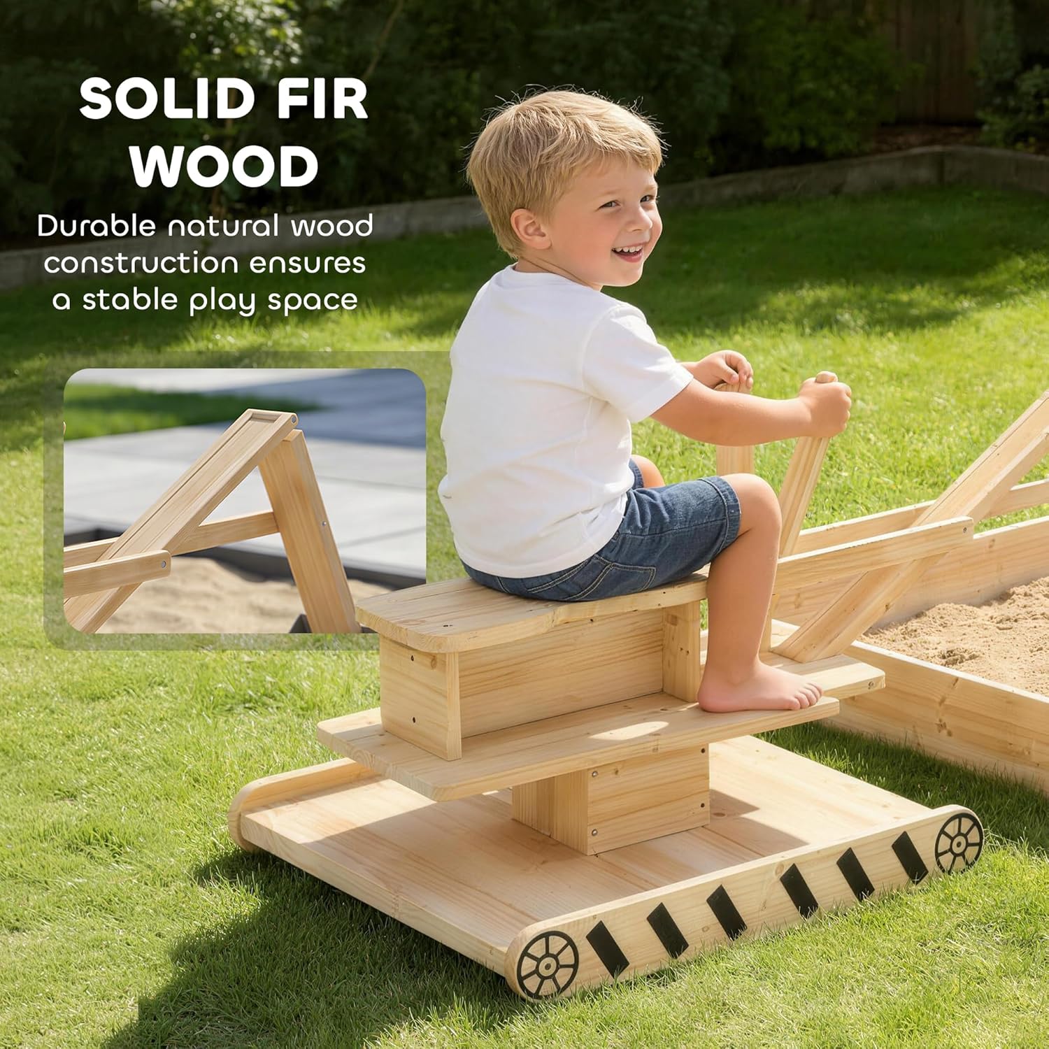 Qaba Wooden Sandbox with Digger, Kids Sandbox Outdoor with 360° Rotating Seat, Fir Wood Sand Pit with Bottom Liner for Kids Ages 3-6, 72" x 35" x 22"