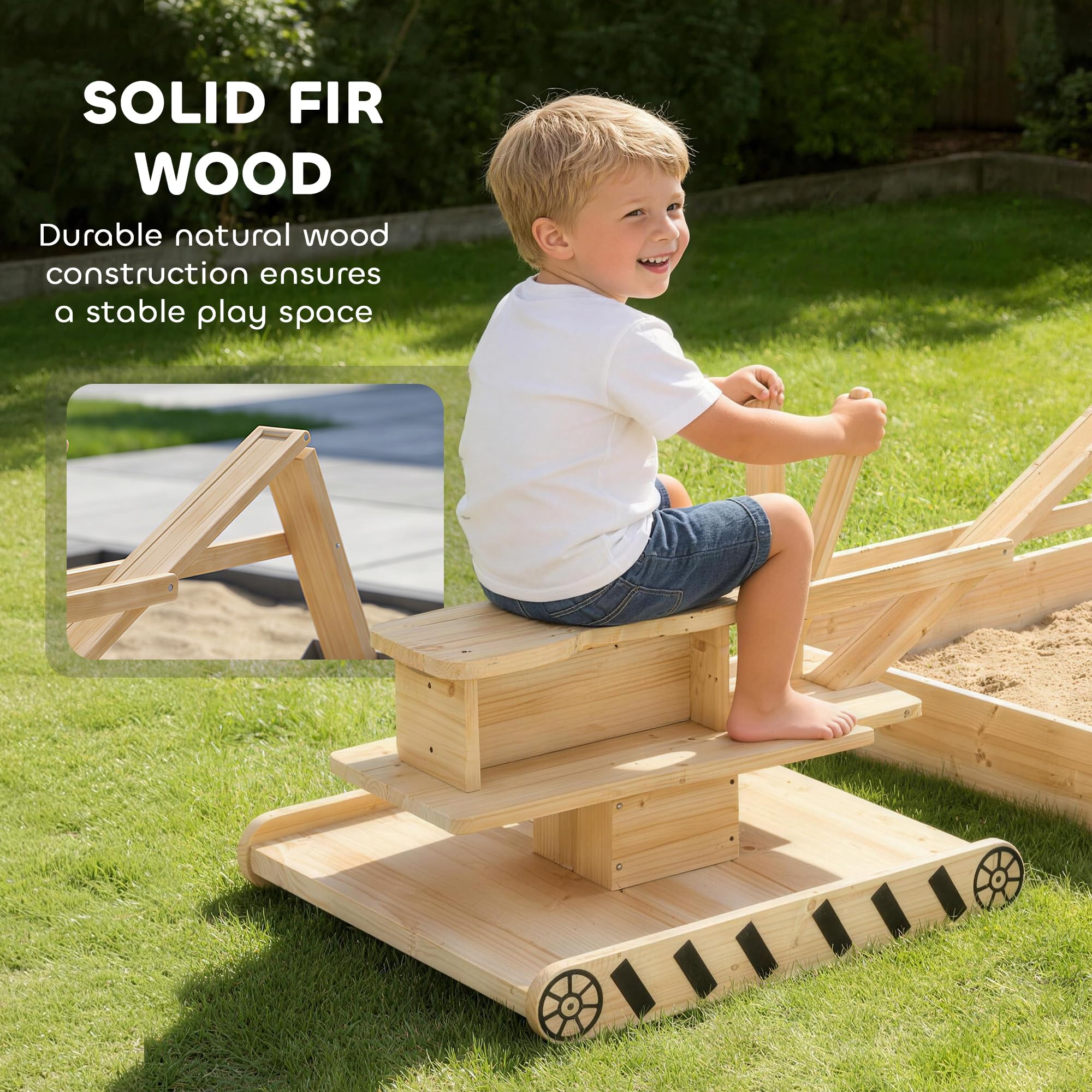 Qaba Caja de arena de madera con excavadora, caja de arena para niños al aire libre con asiento giratorio de 360°, pozo de arena de madera de abeto con forro inferior para niños de 3 a 6 años, 72 x 35