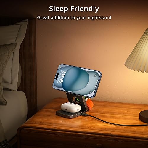 Miniatura 4 de LULULOOK Cargador inalámbrico 3 en 1, estación de carga plegable de 15 W, cargador rápido Mag-Safe para Apple 15 14 13 12, 5 W para Apple Watch,