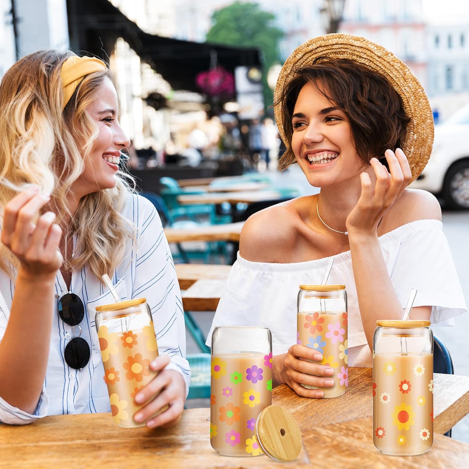 Cunhill 4 Pcs Daisy Iced Coffee Cup Valentines Glass Cups with Bamboo Lid and Straw 16oz Glasses Beer Can Cup Coworker Gift for Teacher Women Employee Birthday - Image 5