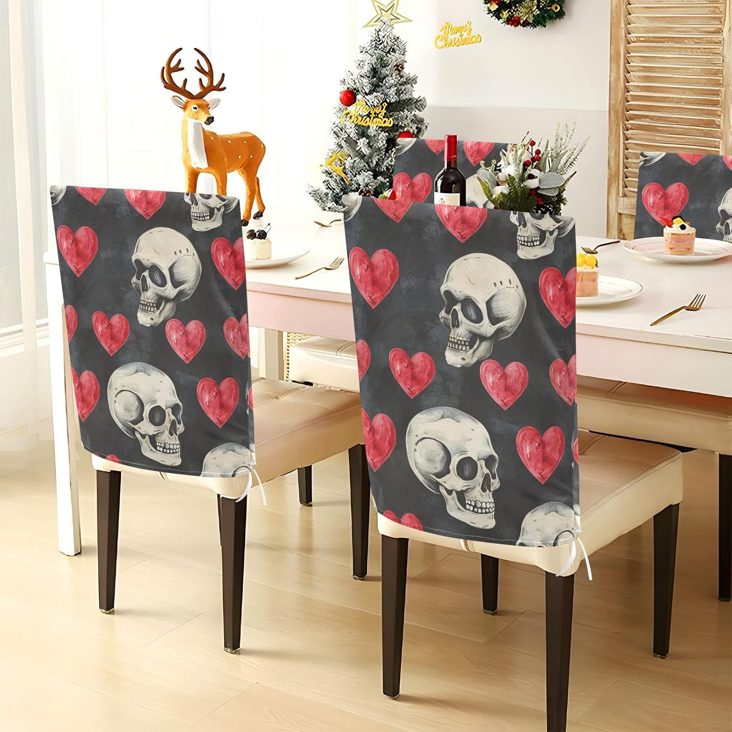 ALAZA Skulls Hearts Chair Back Cover Set of 6, Washable Reusable Removable Chair Slipcovers Decorative Chair Cover for Home Kitchen Wedding Party