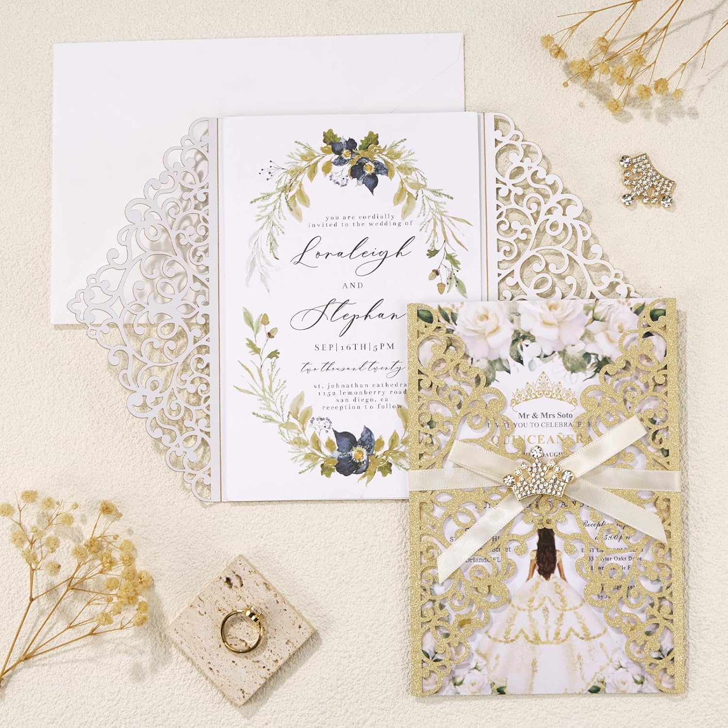 25PCS Gold Wedding Invitation with Crown Hollow Laser Cut Invitation Kits Blank Inner Sheets Customizable for Bridal Shower QuinceañEra Engagement Anniversary