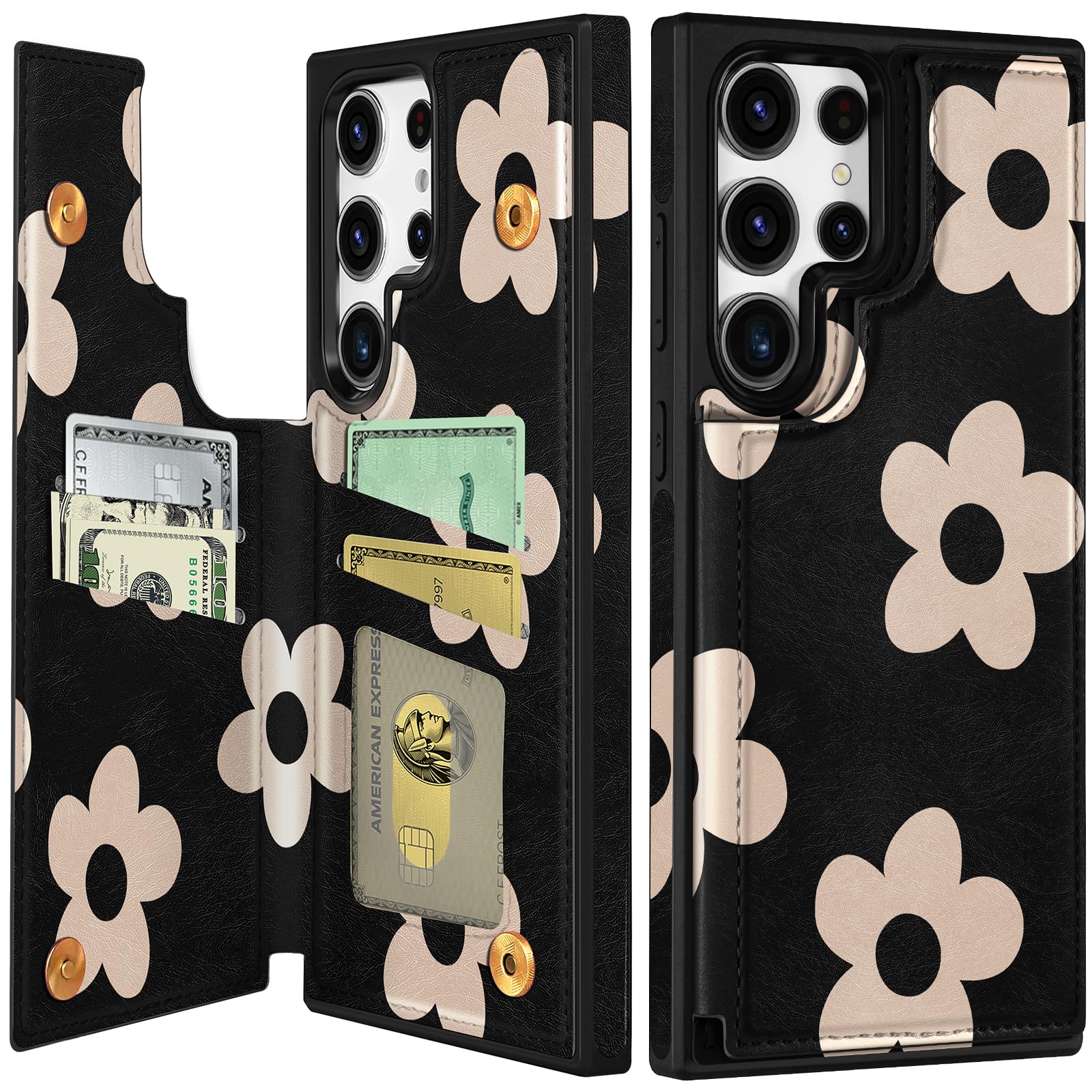 Shorogyt for Samsung Galaxy S22 Ultra Wallet Case with Card Holder, Designer Black Flower Pattern Kickstand Magnetic Clasp Back Flip Folio Leather Phone Cases for S22 Ultra for Women Men Girls