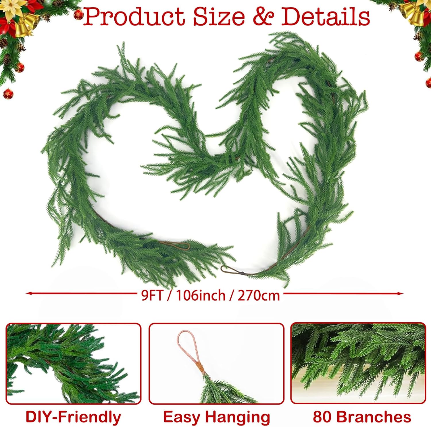 Christmas Decorations, Christmas Garland, 9FT 80-pin Realistic Norfolk Pine Garland, Artificial Greenery Garland for Winter Home, Mantle, Fireplace, Table, Banister, Stairs, Door,Indoor,Outdoor - Image 5