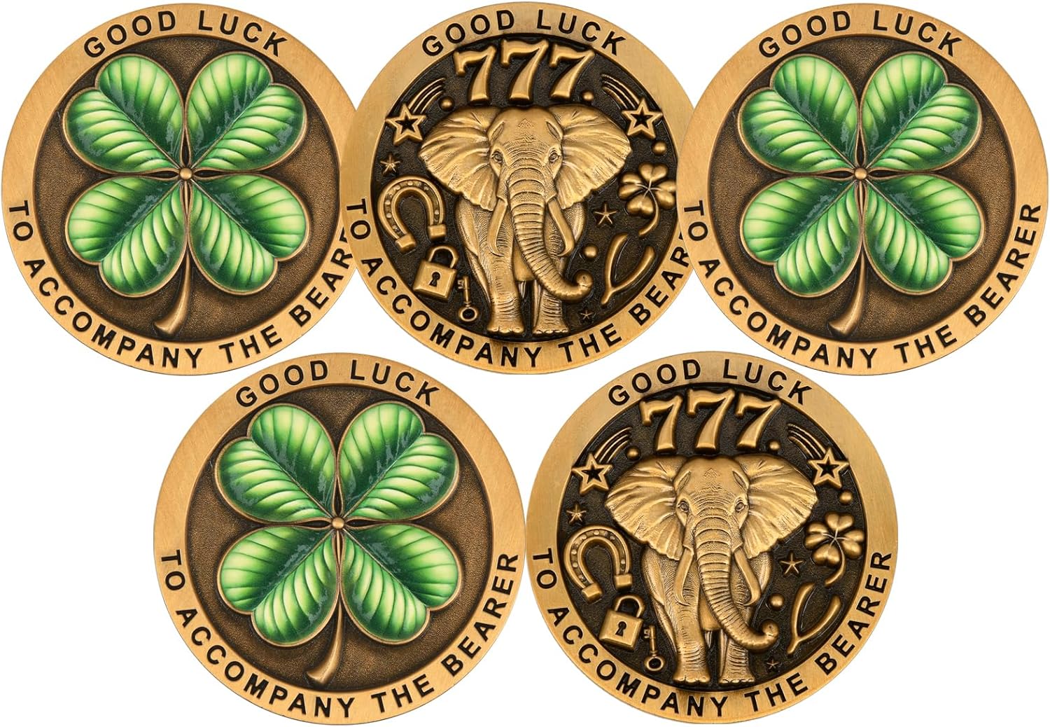 5Pcs 1.574 Inch Antique Gold Zinc Alloy Challenge Coin - 3D Lucky Clover & Elephant Design with 'Good Luck 777' Engraved(Pack of 5)