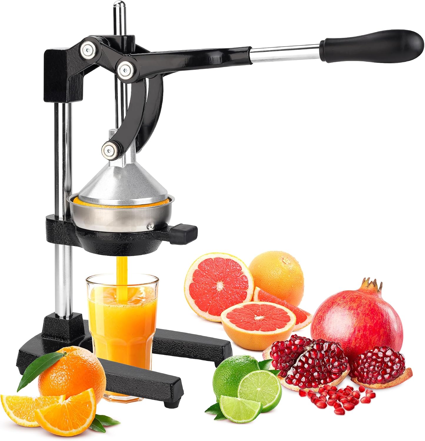 Cast Iron Juicer, Heavy-Duty Manual Juicer Hand Press, Citrus Juicer for Lemons, Oranges, Pomegranates, Grapefruits, and Other Fruits, Easy-To-Use and Clean Stainless Steel Lemon Squeezer (Black)
