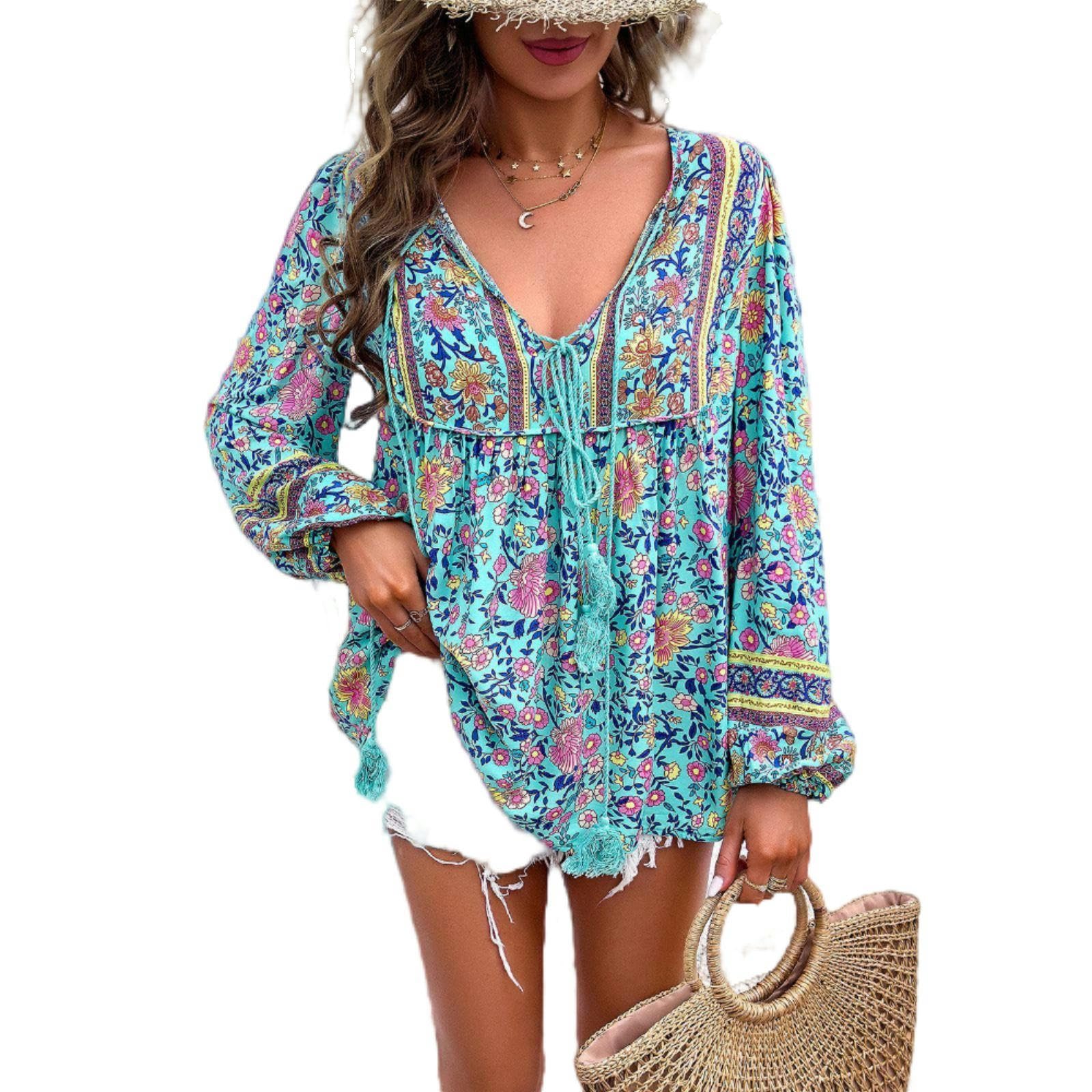 Camisa de Manga Larga Estampada para Mujer, para Vacaciones, Primavera y Verano, Color Rojo, Talla XL