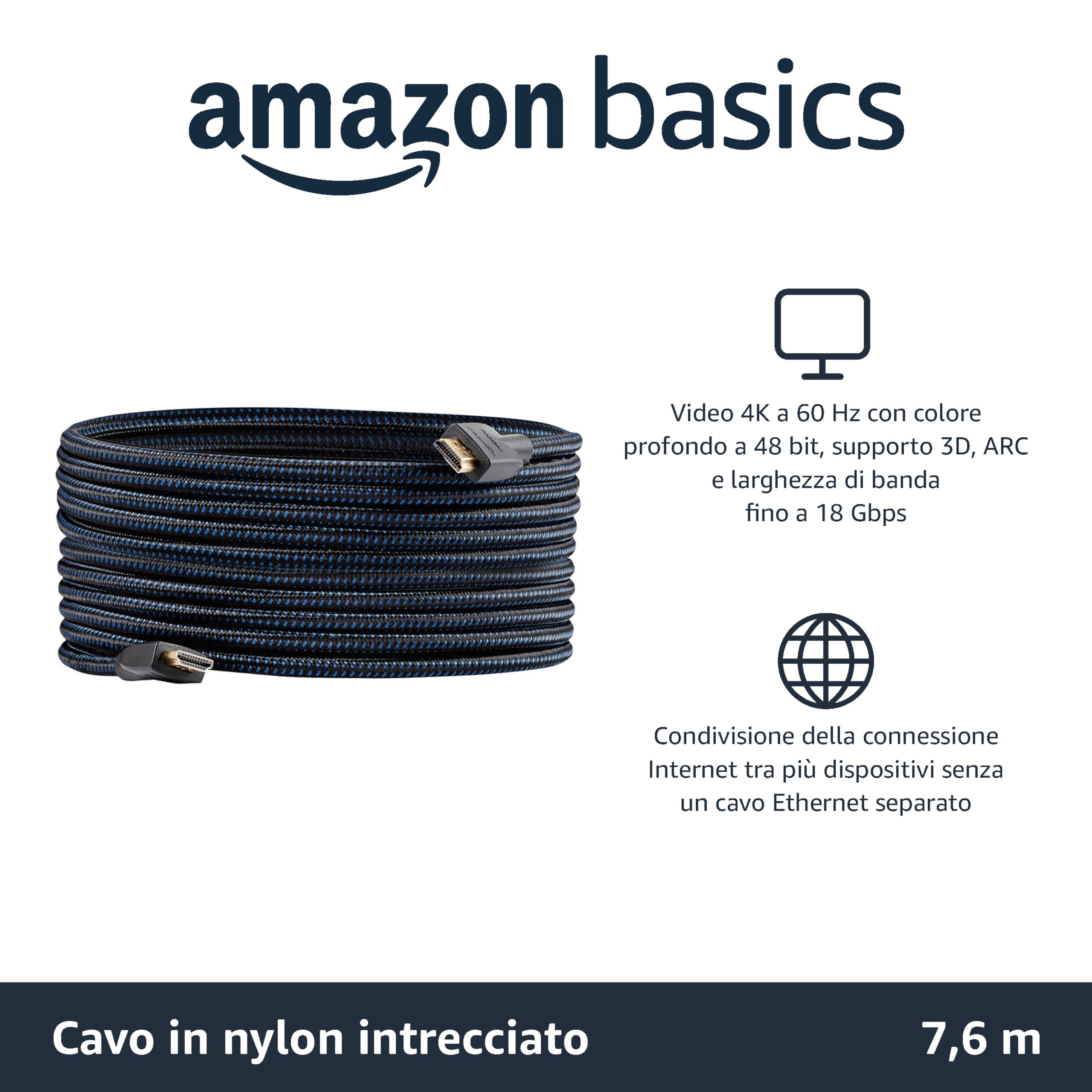 Amazon Basics - Cavo HDMI intrecciato, 7.6 m, Nero