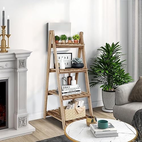 Miniatura 4 de ECOMEX Estante de escalera - Organizador de almacenamiento con estantes de madera rústica de 4 niveles, elegante y funcional soporte para plantas de