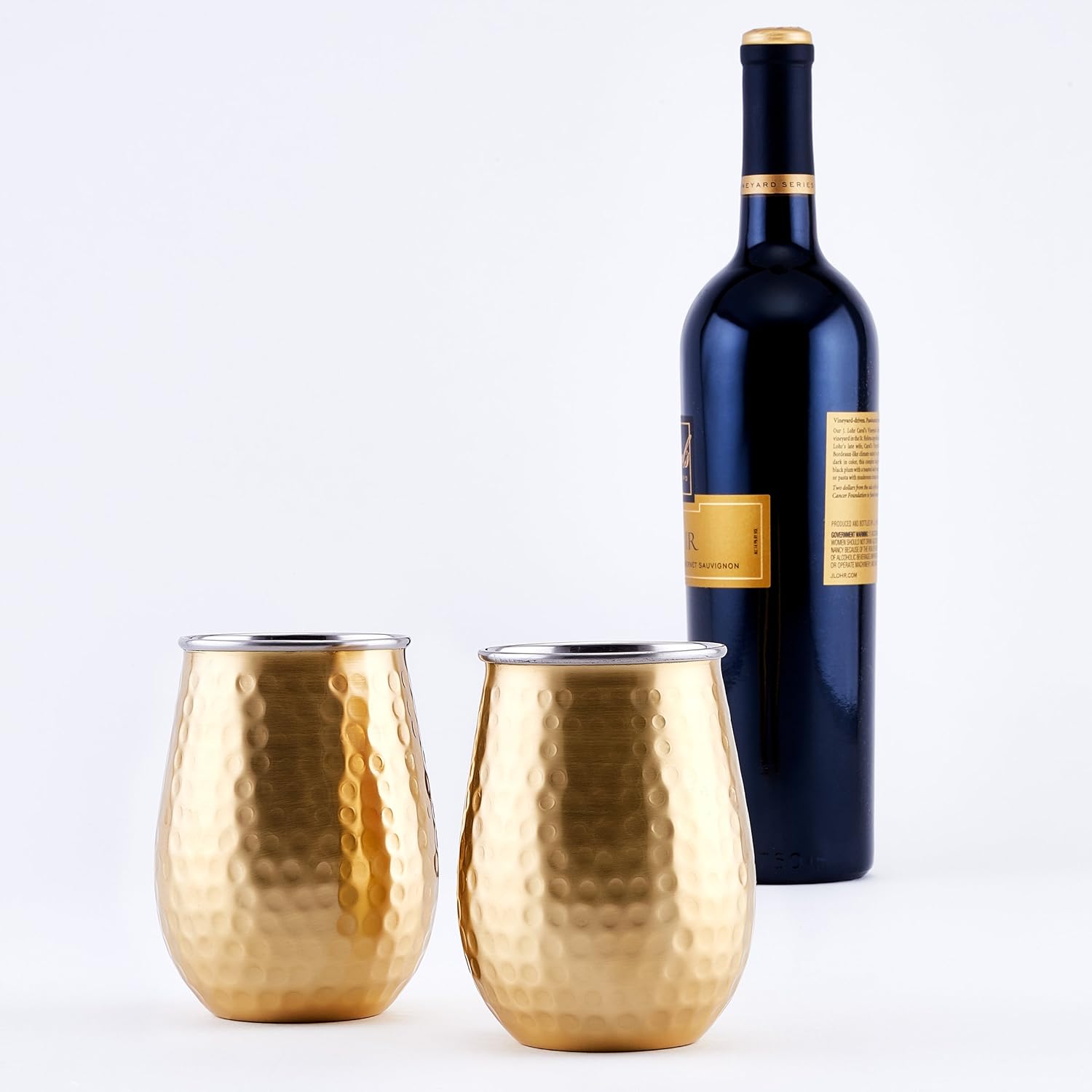 Old Dutch Two-Ply Hammered Stainless Steel Stemless Wine Glasses (Set of 2), Rose Gold finish
