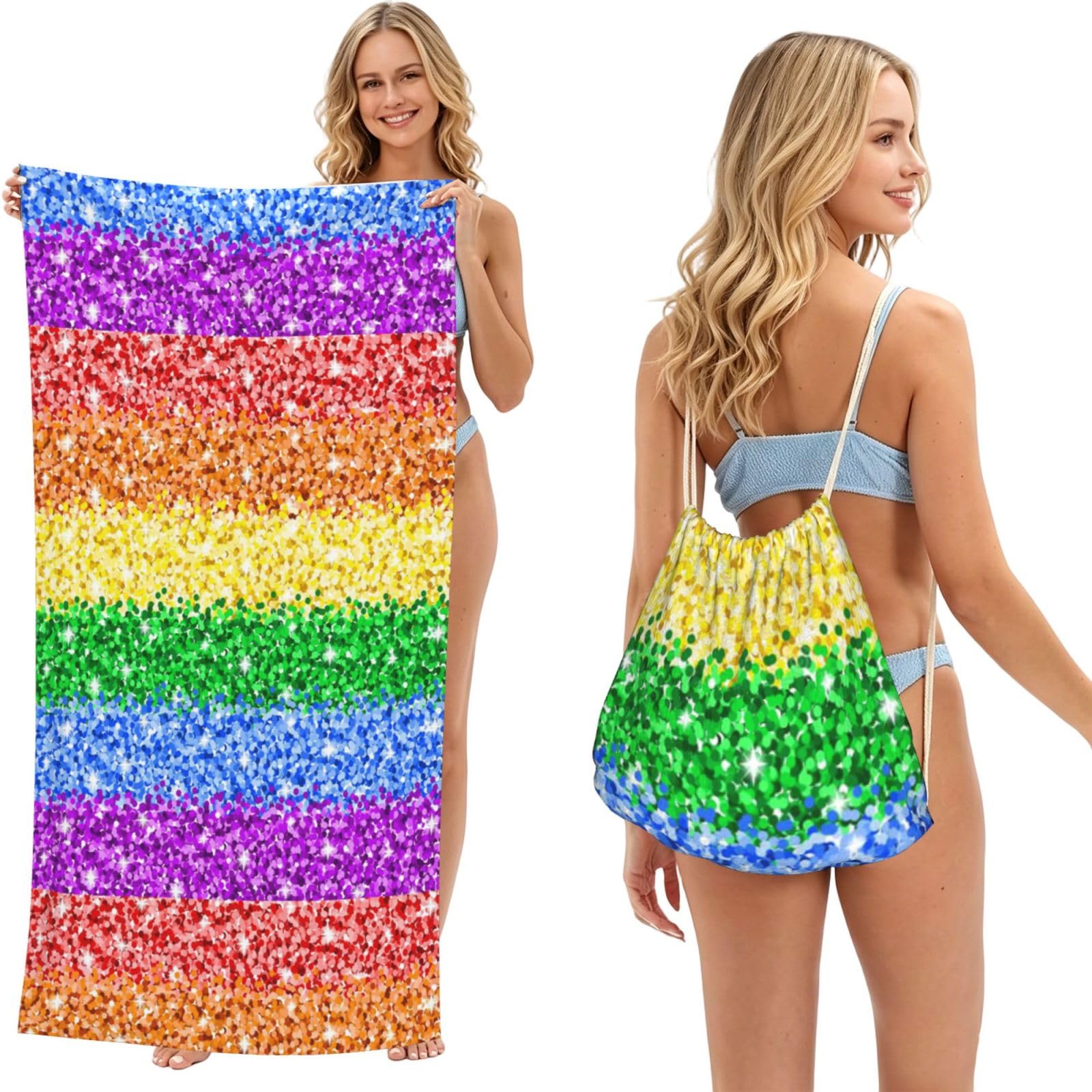Poadnly As Picture Lgbt Sparkle Glitter Pride Flag, 2 In 1 Packable Towel Bag, Beach Towels With Drawstring Backpack For Travel Holiday Camping
