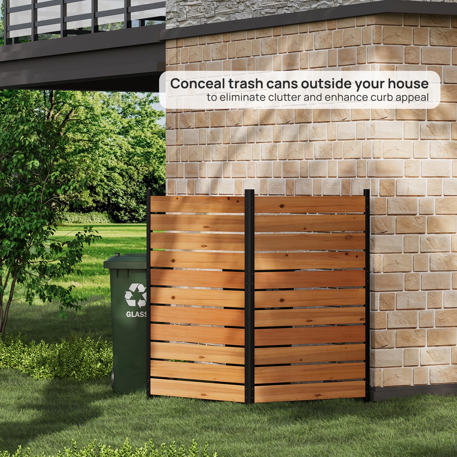 Condition photo showing New/Like New for (2)38" w x 61" h (1 panel) no dig wood privacy screen outdoor privacy fence panel for ac unit trash can & pool equipment enclosure decorative patio privacy wall with metal posts & stakes (orange)