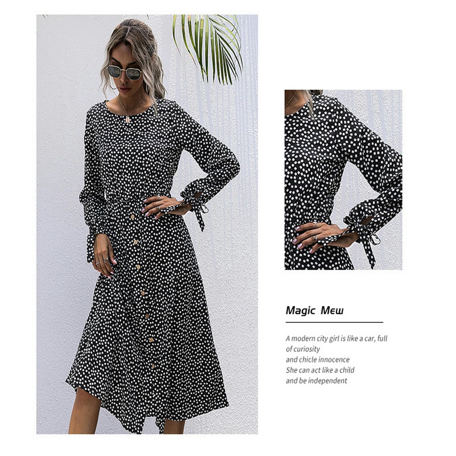 Vestidos de verano para mujer, vestido midi de lunares, con botones, acampanado, vestido camisero con cuello en V, vestido fluido, YYEFNMAZ