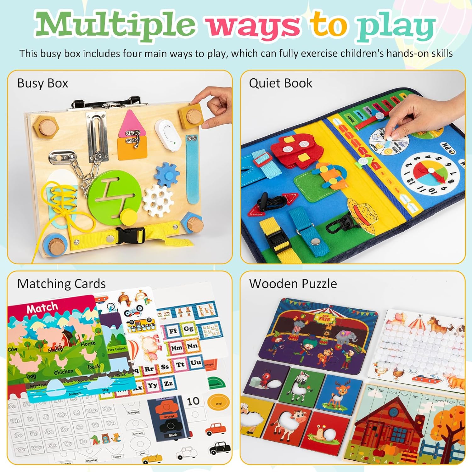 Adena Montessori Busy Board Box for Toddlers 3+, 6 in 1 Montessori Toys for 3 Year Old with Drawing Board, Quiet Book, Puzzles, Sensory Toys for Fine Motor Skills, Learning Toys for Travel
