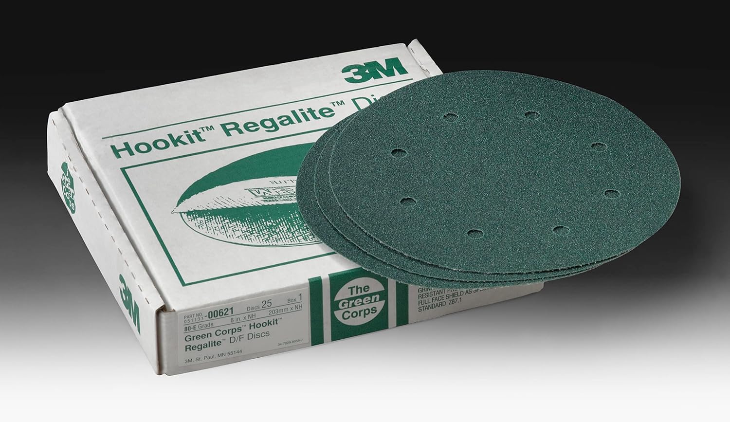3M Green Corps Hookit Sanding Discs, 00524, No Hole, 8 in, 40+ Grade, Pack of 25 Production Discs, for Coating Removal, Metal Surfaces, Auto Sanding