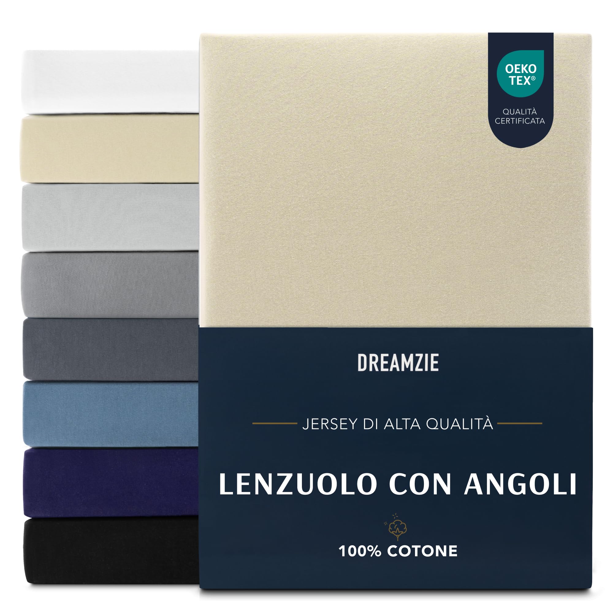 Dreamzie Lenzuola Matrimoniali Cotone 200x200 cm, Altezza Materasso fino a 27 cm - Coprimaterasso Matrimoniale - Beige - Certificato senza Prodotti Chimici (Oeko TEX)