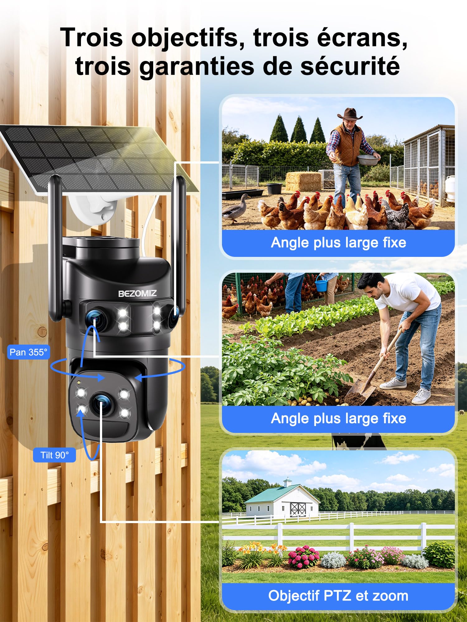 4G LTE telecamere di sorveglianza solare con scheda Sim,AOV 24/7,a triplo obiettivo,4K Rilevazione umana,360° PTZ Telecamera esterna,Monitoraggio automatico,Audio bidirezionale,IP66,Visione Notturna