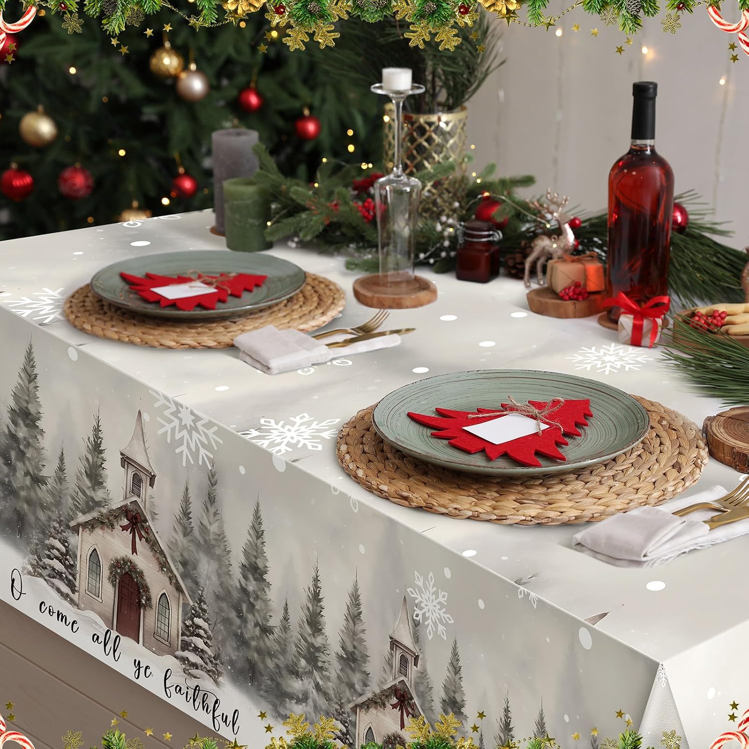 Oudain Church Xmas Trees Christmas Tablecloth Rectangular Winter Table Washable O Come All Ye Faithful Church Decoration Table Cover for Party Picnic Dinner Decor(Rectangle,60 x 104 Inch)