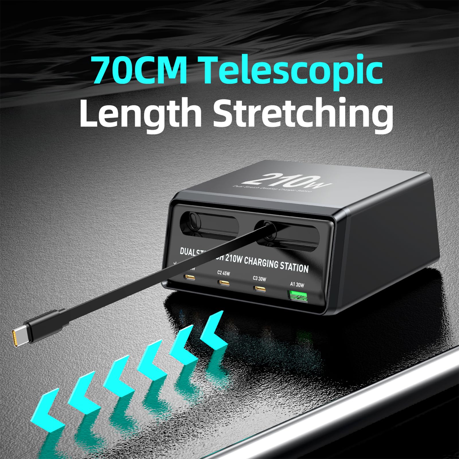Fockety Tisch-Ladestation, 210W-Ladegerät mit 6 USB C-Anschlüssen und Zwei einziehbaren PD-Kabeln, PD-Ladegerät mit 45W und 30W für das Homeoffice, Gaming-Schreibtischzubehör (EU-Stecker)