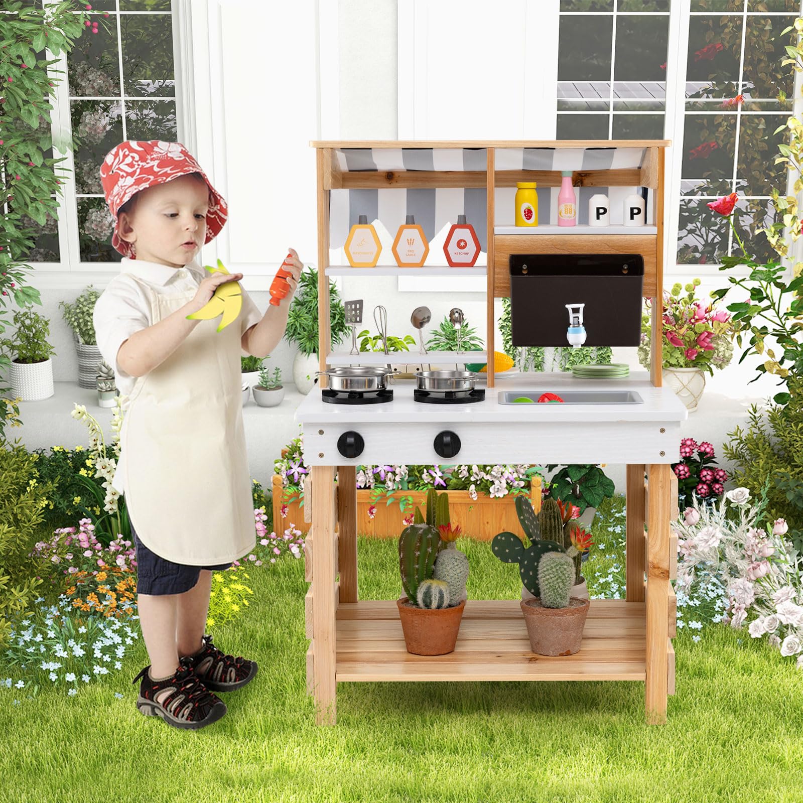 DREAMADE Matschküche Kinder Outdoor, Kinderküche aus Tannenholz mit Dach, Wassertank, Wasserhahn, Spülbecken, doppelseitige Spielküche mit 6 TLG. Zubehör, Outdoor Küche für Kinder ab 3 Jahren (Natur)