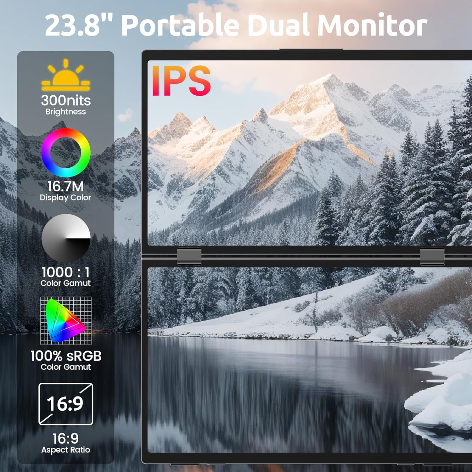 MAGICRAVEN Portable Dual Monitor with specifications like 300 nits brightness, IPS, 16.7M display color, 1000:1 contrast, 100% sRGB, and 16:9 aspect ratio.