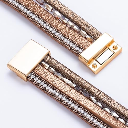 Miniatura 6 de FANCY SHINY - Pulsera de cuero estilo bohemio, pulsera de cuentas de cristal con cierre magnético, regalos de joyería para mujer