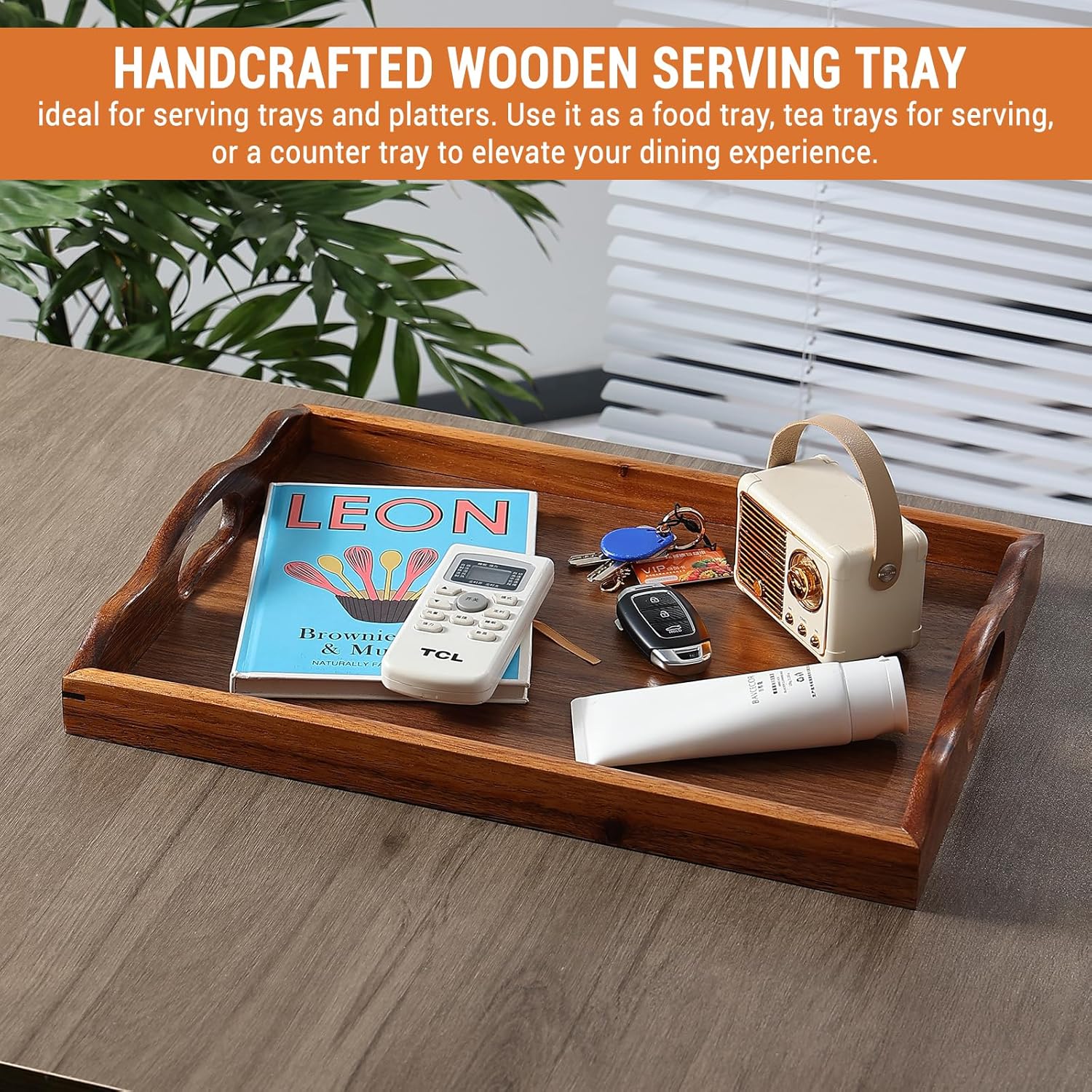 Nature Walnut Wooden Serving Tray with Handles, Solid Wood Food Tray for Coffee, Breakfast, Dinner, Ottoman,16.6x11.8x2.4 inches - Image 9