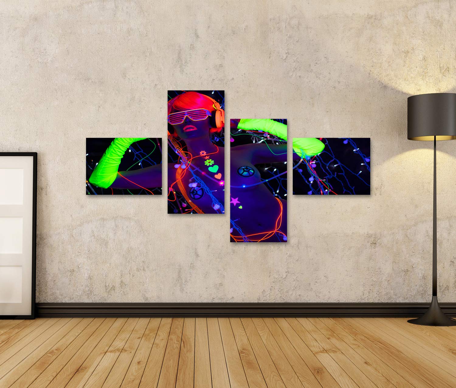 islandburner Quadro su tela, fantastico video di una donna sexy Cyber Raver in vestiti fluorescenti sotto la luce nera UV filmato da parete poster stampa immagini