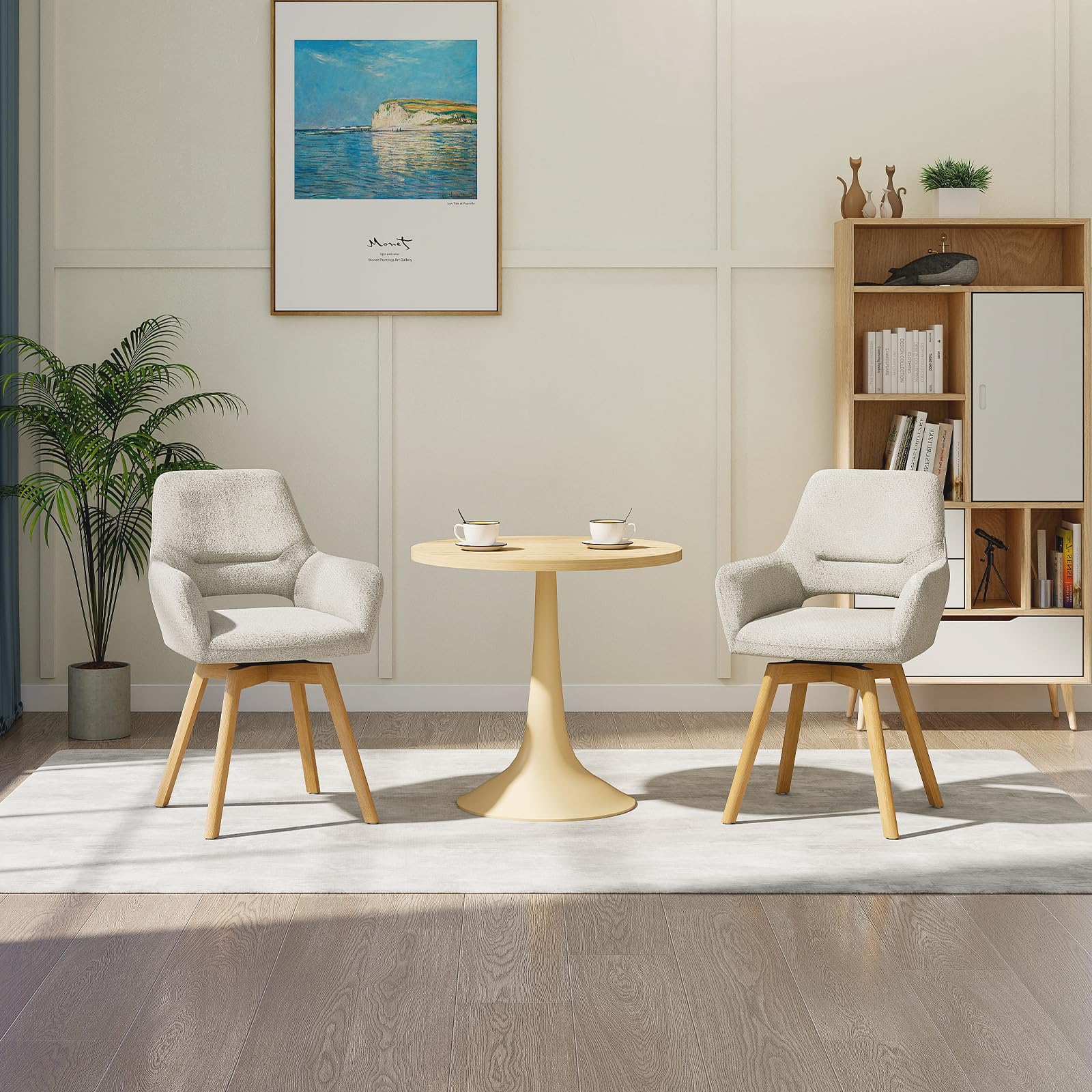 JIJIAN Juego de 2 Sillas de Comedor Giratorias 360° con Reposabrazos | Silla Acolchada con Patas de Haya, para Salón, Cocina, Dormitorio y Estudio, Beige