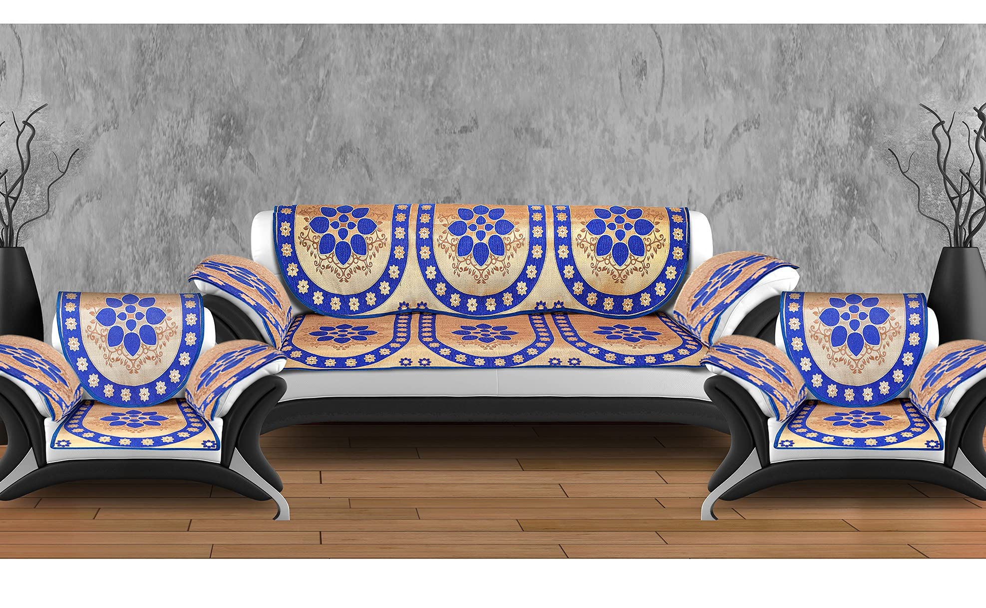 CASA-NEST Gold Dmask Sofa Cover with Arms,Set of 5 Seater ,Color=Dark BlueFlower Design