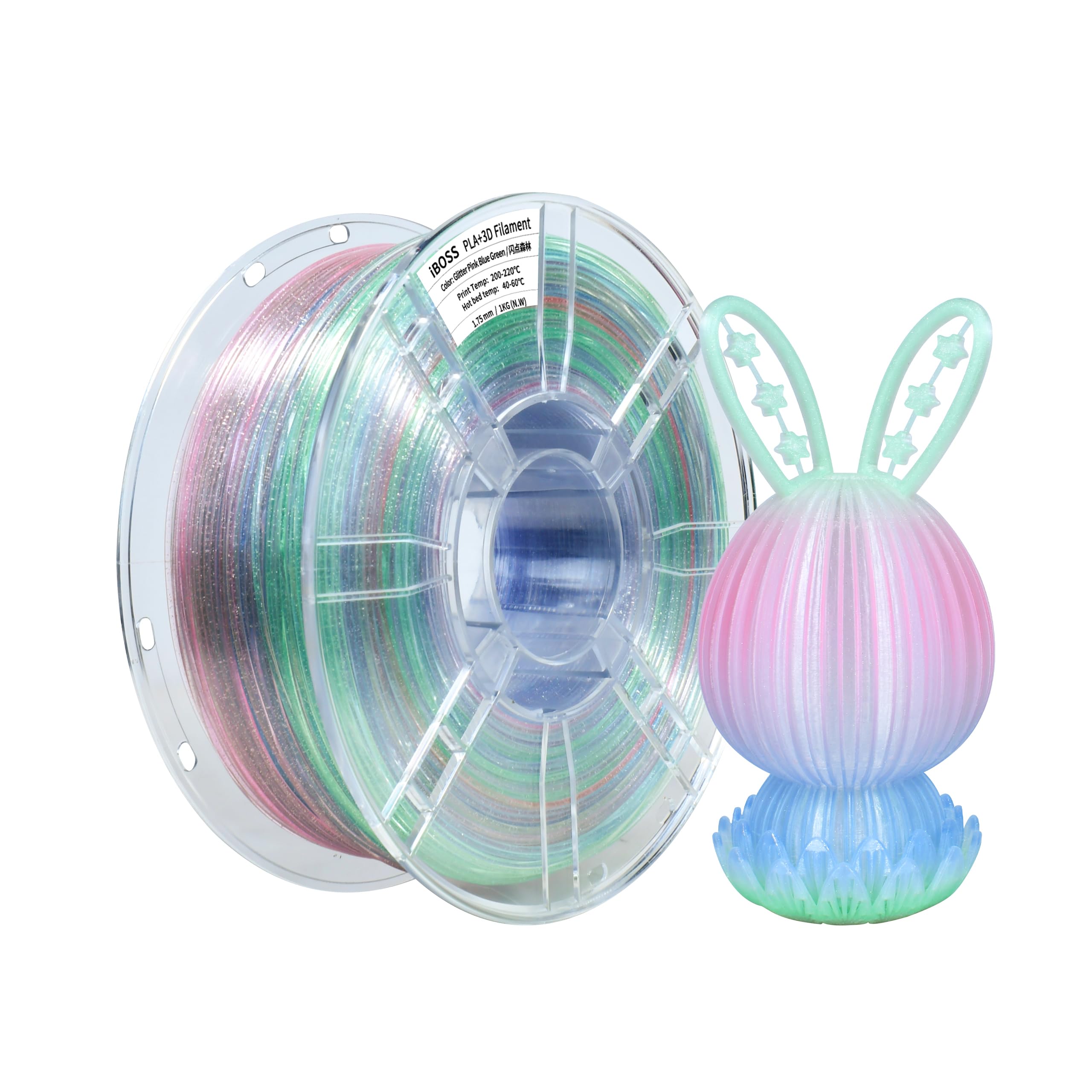 iBOSS PLA+Glitzer Transparent Filament 1.75mm,Multicolor 3D Drucker Flammpunkt Filament PLA 1KG, +/- 0.02 mm,Transparent Sparkle Rosa blau grün