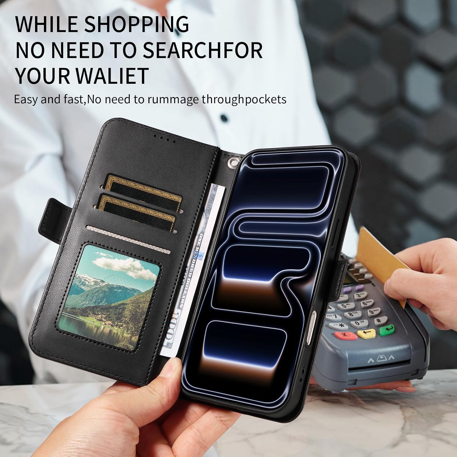 for iPhone 16 Pro Max Wallet Case with RFID Blocking, Card Slots & Kickstand | PU Leather Folio Cover with Lanyard Strap - iPhone 16 Pro Max(6.9") Case Black - Image 6