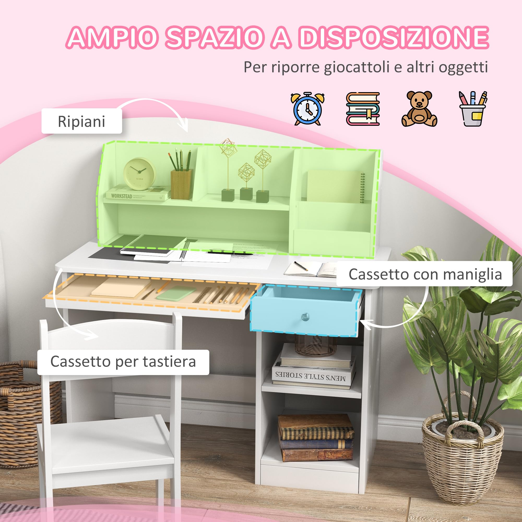 ZONEKIZ Tavolo Scrivania per Bambini con Sedia, Banco Scuola per Bambini da 5 a 8 Anni in Legno con Scaffale e Seggiola, Bianco