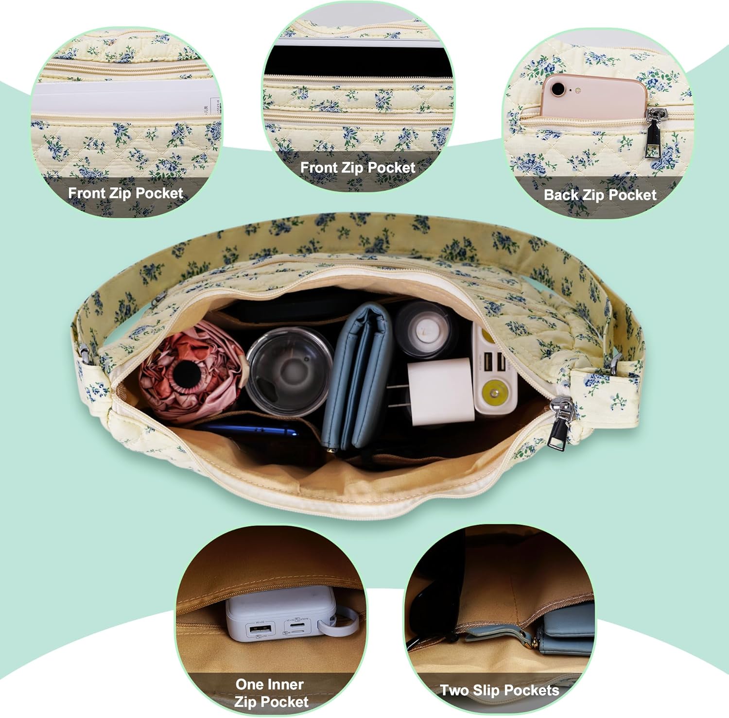 2-Piece Set Women's Small Floral Quilted Crossbody Bag and Tote, Multi-Pocket Shoulder Handbags for Everyday Use, Travel - Image 5