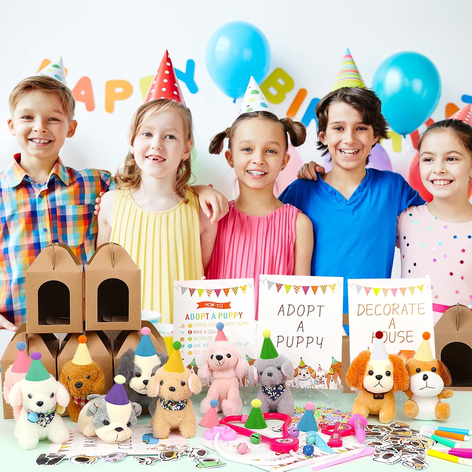 Adopt a Dog Party Favors Set - 12 PCS Plush Stuffed Puppies with Party hats include Paper House, fence, Adoption Cards, DIY Collars, House Decor and Check-up Accessories for Puppy Party Birthday