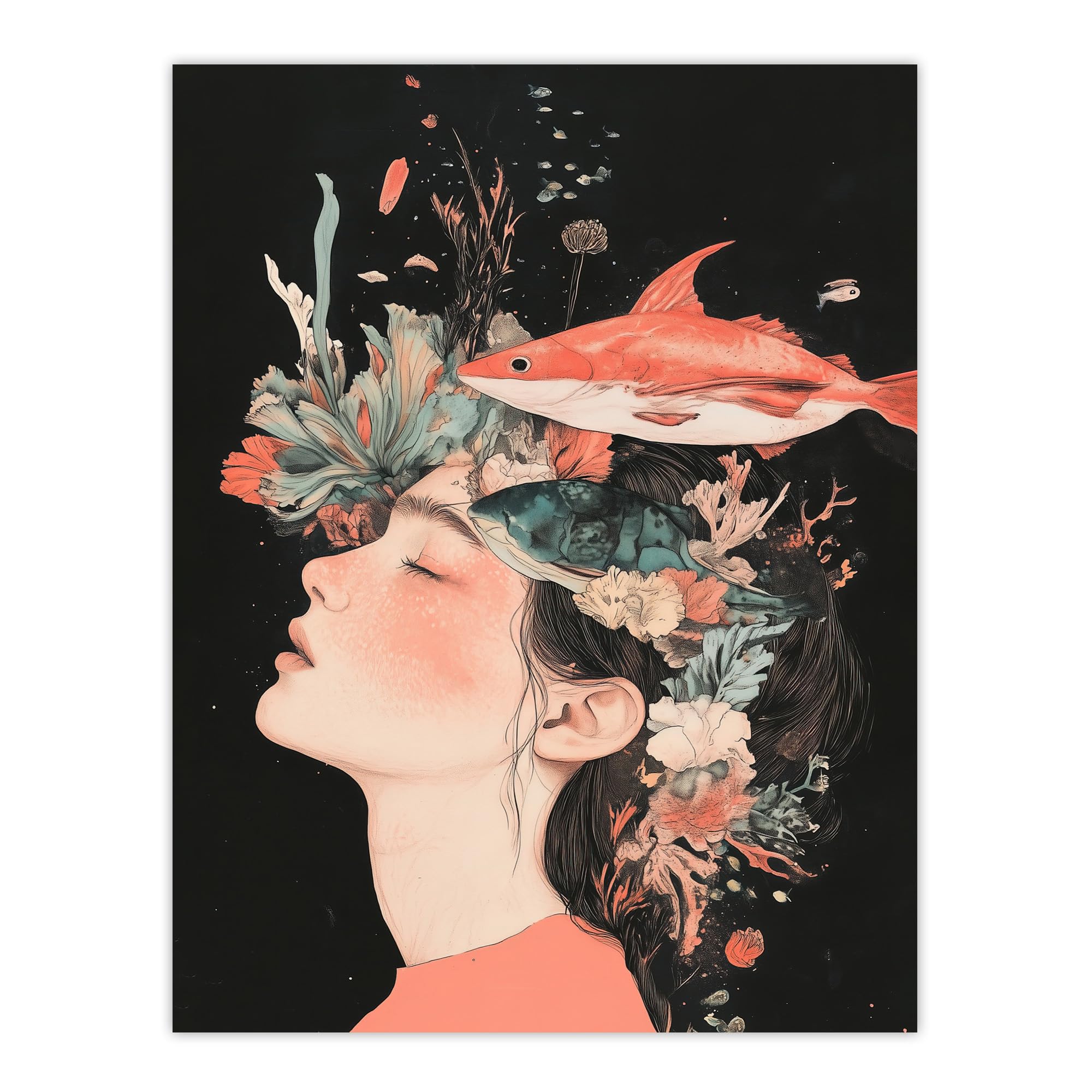 Artery8 Sea Dream Coral Reef Fish Woman Surreal Portrait Bathroom Toilet Large Wall Art Poster Print Thick Paper 18X24 Inch